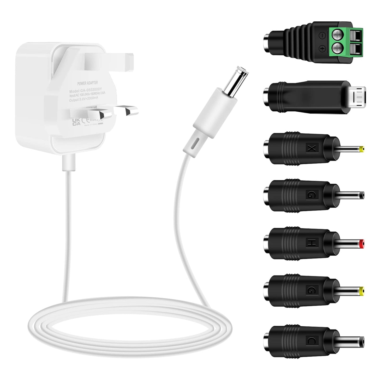 5V 1A 2A Power Supply, Dalugo Universal AC to DC Power Adapter with 7 DC Multi-Plug Connectors, 10W DC Wall Charger for LED Strip Lights,Audio,TV Box,Speaker,Router,Video Android Tablet(White)