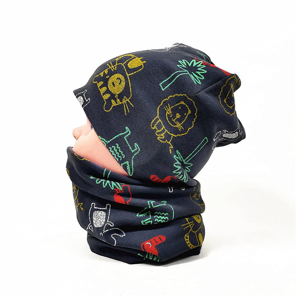 Uniyoung Baby Boys Cotton Beanie Hat and Collar Scarf Set Kids Toddler Warm Skull Cap Scarves Neck Warmer for Spring Autumn Winter Lions 3-6 Years