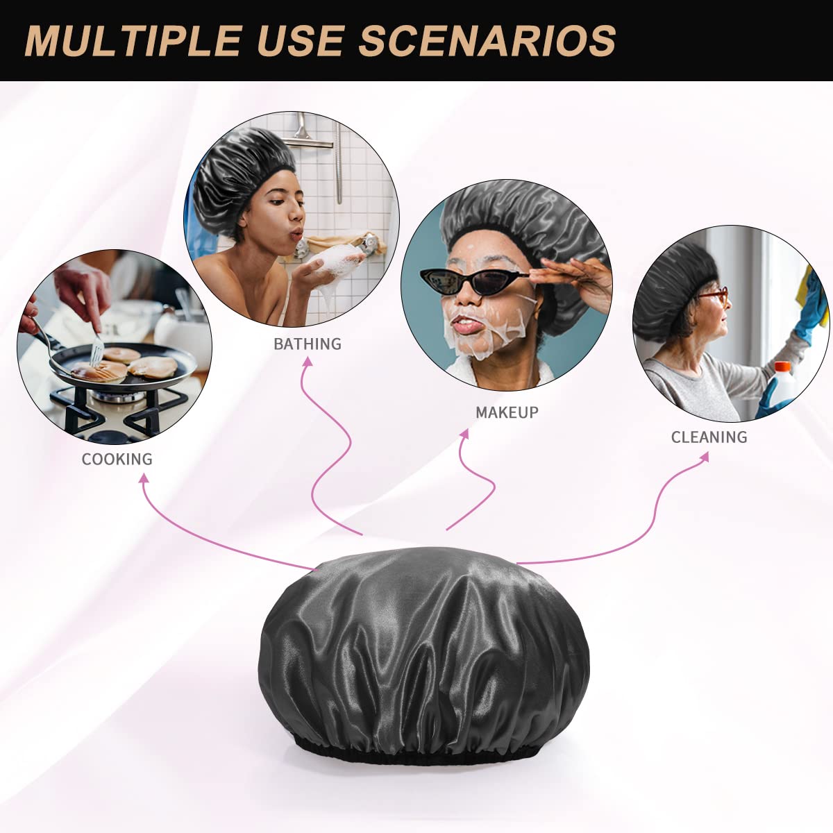 Aquior Shower Cap, Extra Large Shower Cap for Men, Satin EVA Double Layer Waterproof Reusable Hair Cap for Women Long Hair(All Black 4 Pack) All Black