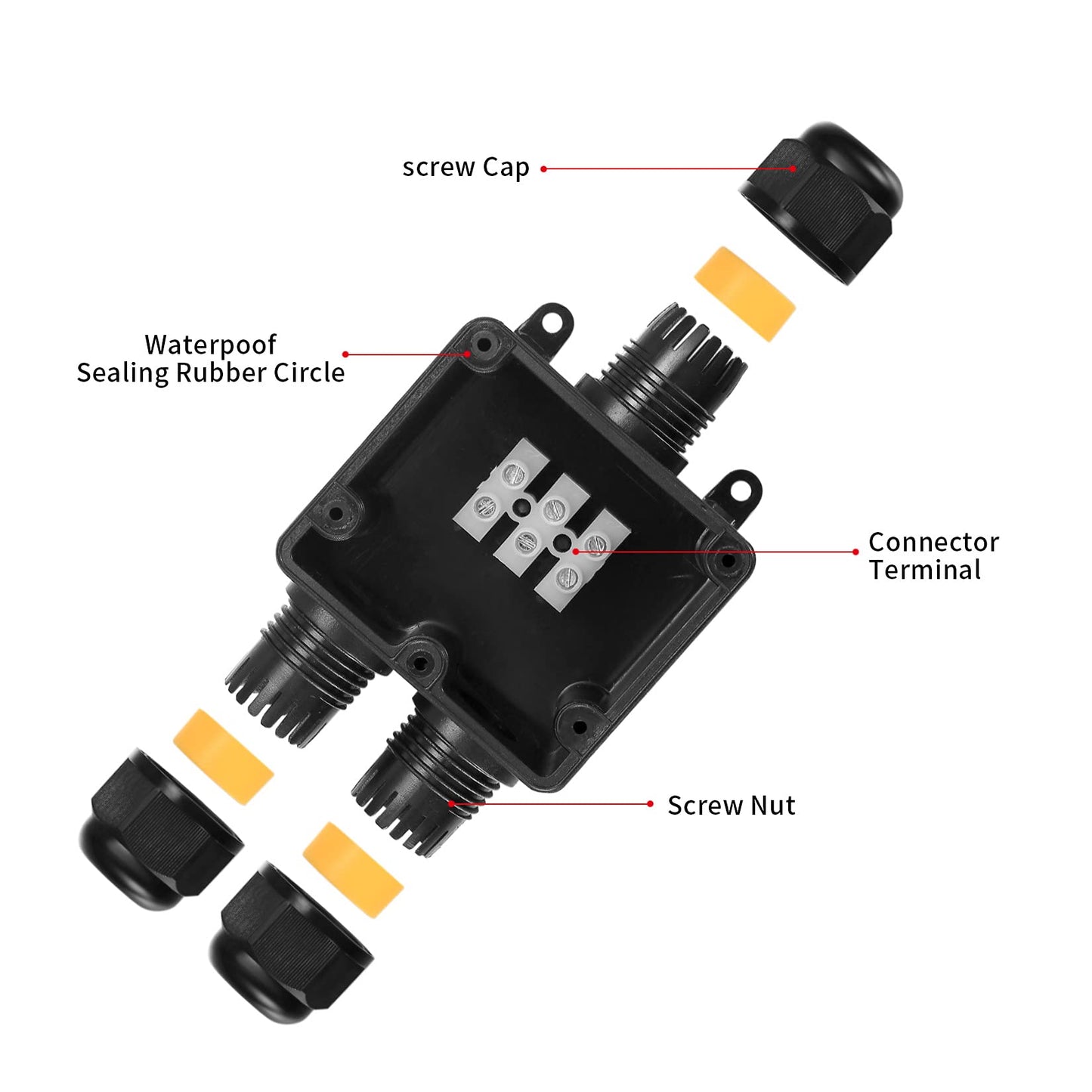 2 Pcs IP68 Waterproof Junction Box, 3-Way Outdoor Electrical Cable Wire Connectors, Extension Cable Connectors Junction Boxes with PG13.5 Glands for Ø5mm-15mm Cable - Black