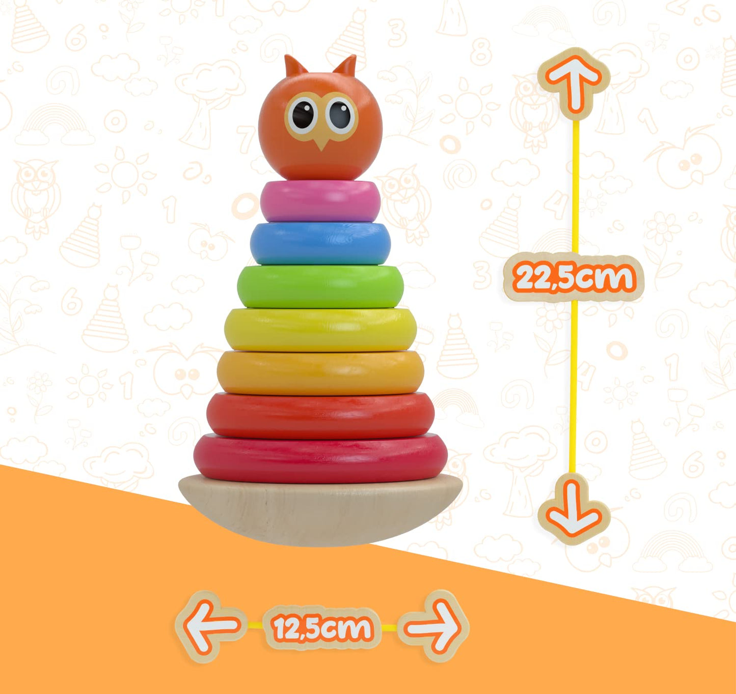 WoodyWood® - Wooden Owl Stacking Tower for Baby and Children from 1 Year Old, 10-Piece Pyramid for Stacking, Baby Stacking Tower with Colour Rings to Promote Motor Skills and Concentration, Wooden Toy