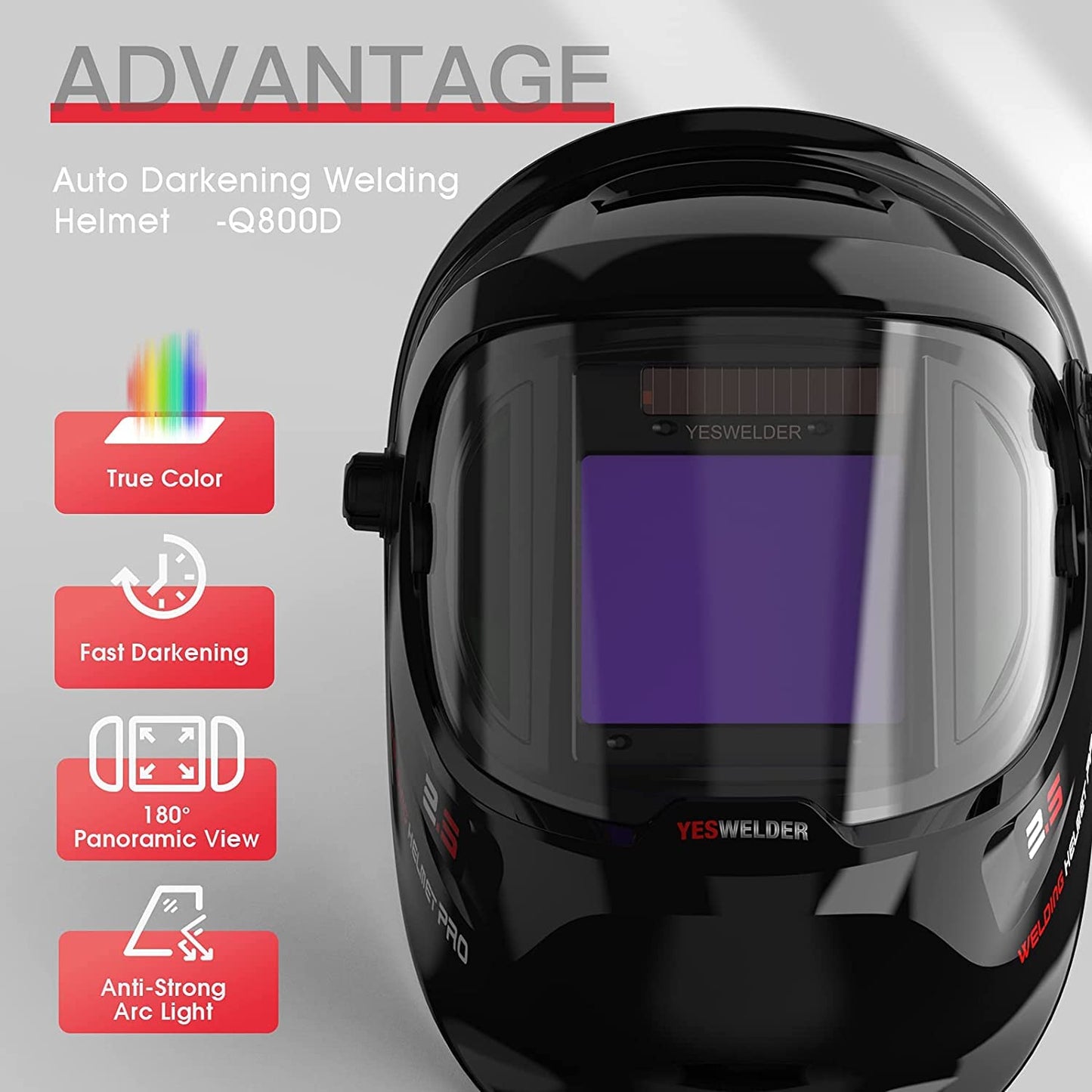 YESWELDER Large Viewing True Colour Welding Mask Solar Powered Auto Darkening Welding Helmet with SIDE VIEW, 4 Arc Sensor Wide Shade 4/5-9/9-13 Welder Mask for TIG MIG ARC LYG-Q800D