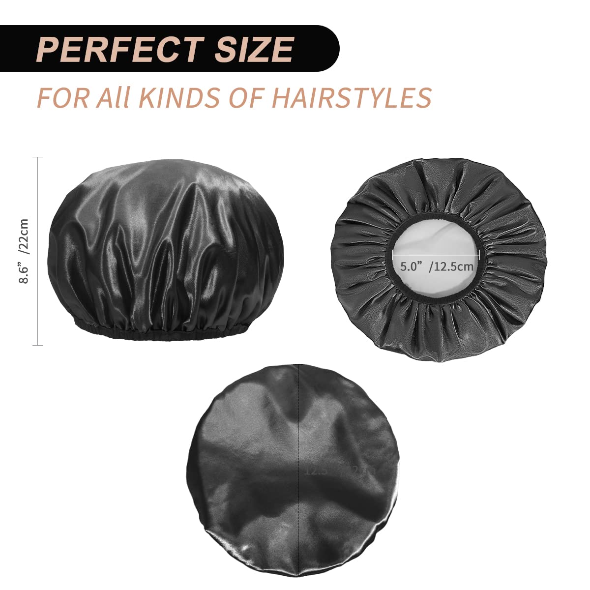 Aquior Shower Cap, Extra Large Shower Cap for Men, Satin EVA Double Layer Waterproof Reusable Hair Cap for Women Long Hair(All Black 4 Pack) All Black