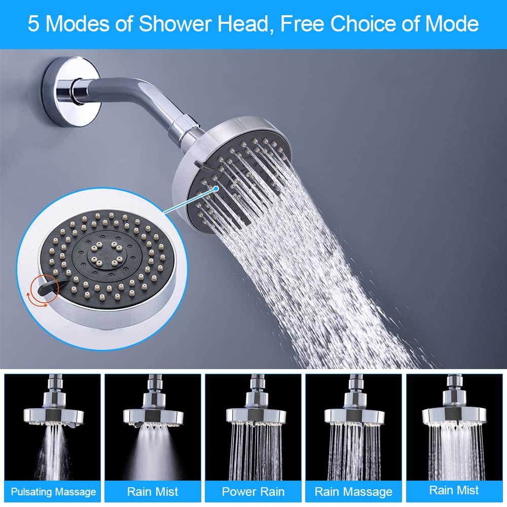 WANTOUTH 4-Inch High Pressure Rainfall Shower Head, 5 Spray Settings, Adjustable 360° Rotation, Anti-Rust ABS Material, Easy Installation with G1/2 Thread for Home, Hotel, and Bathroom