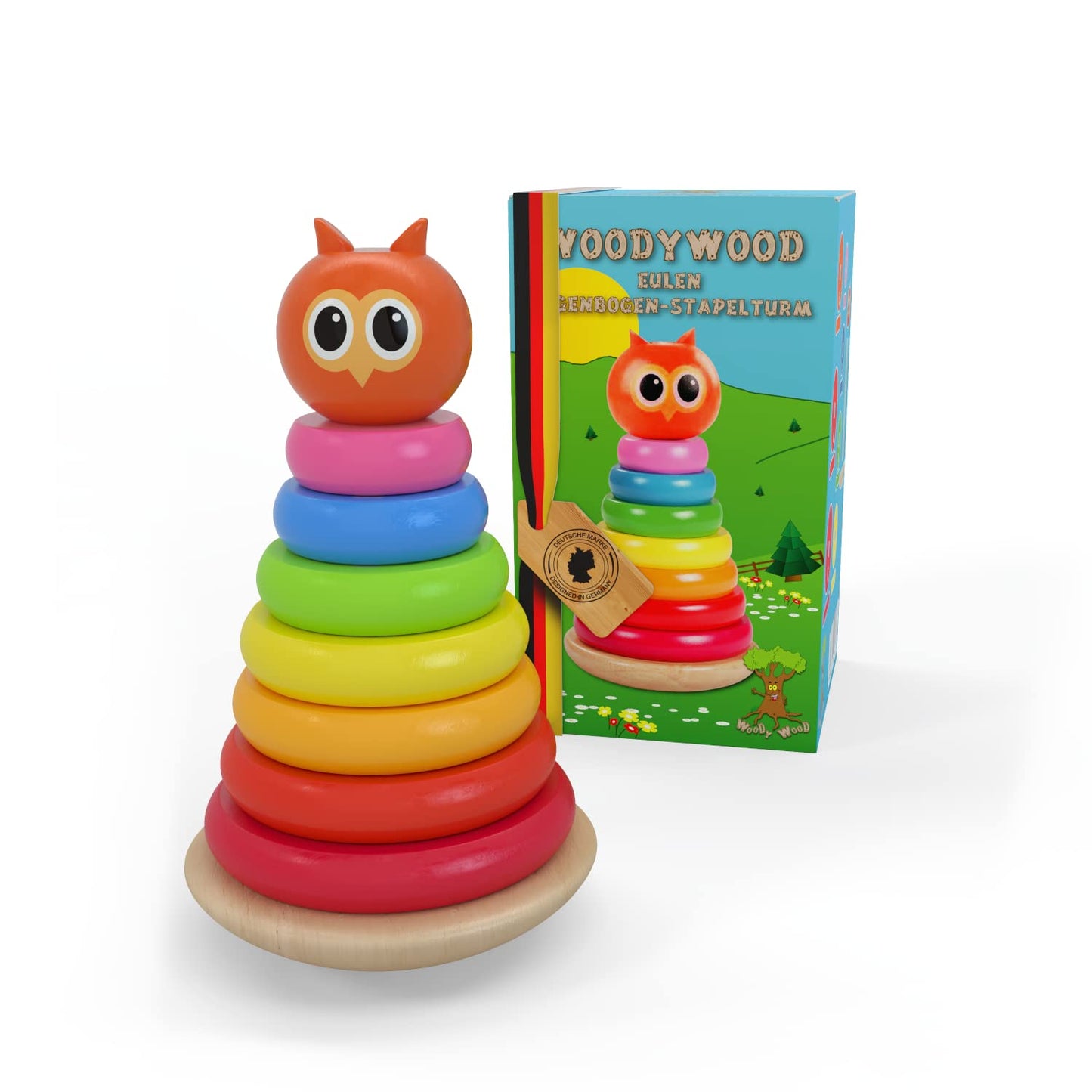 WoodyWood® - Wooden Owl Stacking Tower for Baby and Children from 1 Year Old, 10-Piece Pyramid for Stacking, Baby Stacking Tower with Colour Rings to Promote Motor Skills and Concentration, Wooden Toy