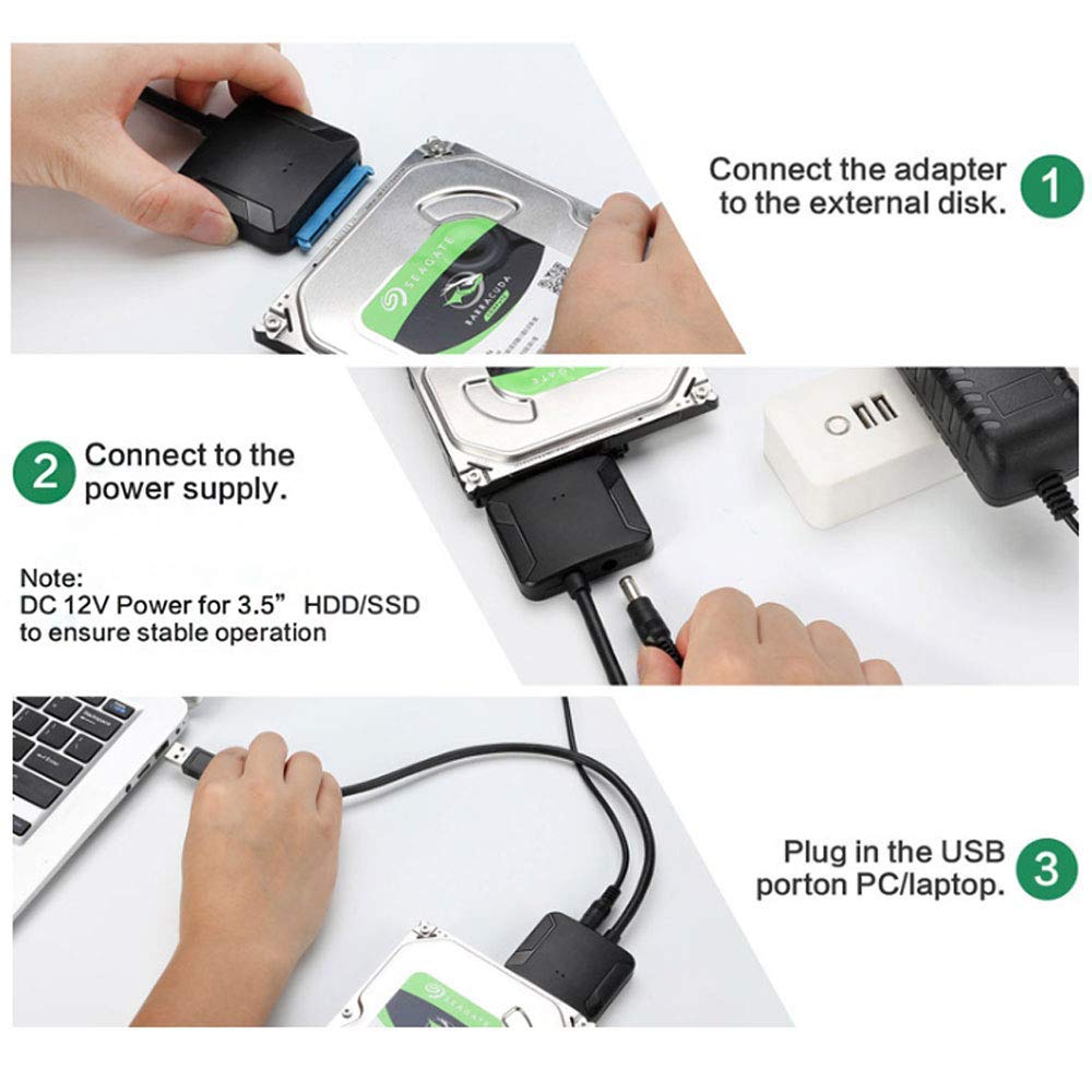 通用 SATA to USB 3.0 Cable with 12V/2A Power Adapter, 17 Inch, Supports 3.5/2.5 Inch HDD/SSD, Compatible with Laptop, Gaming Console, TV, Router