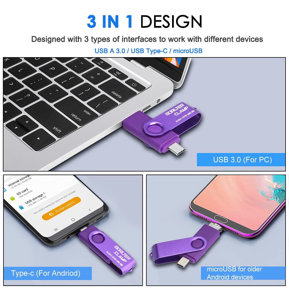 512GB USB 3.0 Flash Drive 3 in 1 Photo Stick for Android Phones, BorlterClamp OTG Memory Stick with 3 USB Ports (USB C, microUSB, USB-A) for Samsung Galaxy, Tablet, PC and More (Purple) 512GB Purple