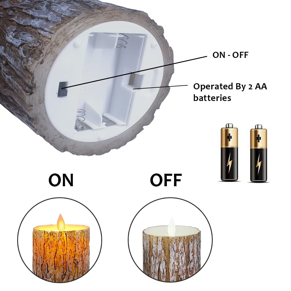 Aongray LED Candles with Pine Bark Effect Flickering Battery Operated Candles 4" 5" 6" Set of 3, Real Wax Candles Decorating Pillars,10-Key Remote Control with 24 Hour Timer Function