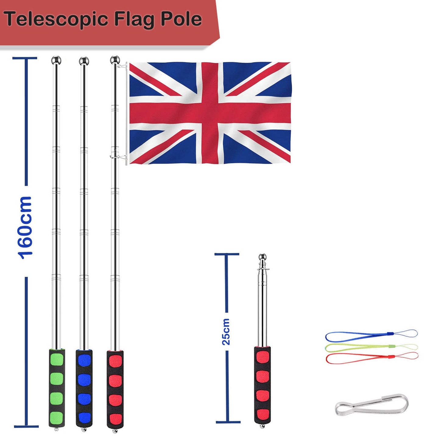 3pcs Telescopic Flag Pole, Portable Telescopic Pole for Camping with Lanyard and 9 Clips, 1.6m Flag Poles Telescopic Stick for Tourist Guide Camping Travelling Presentation Pointer (Red, Green, Blue)