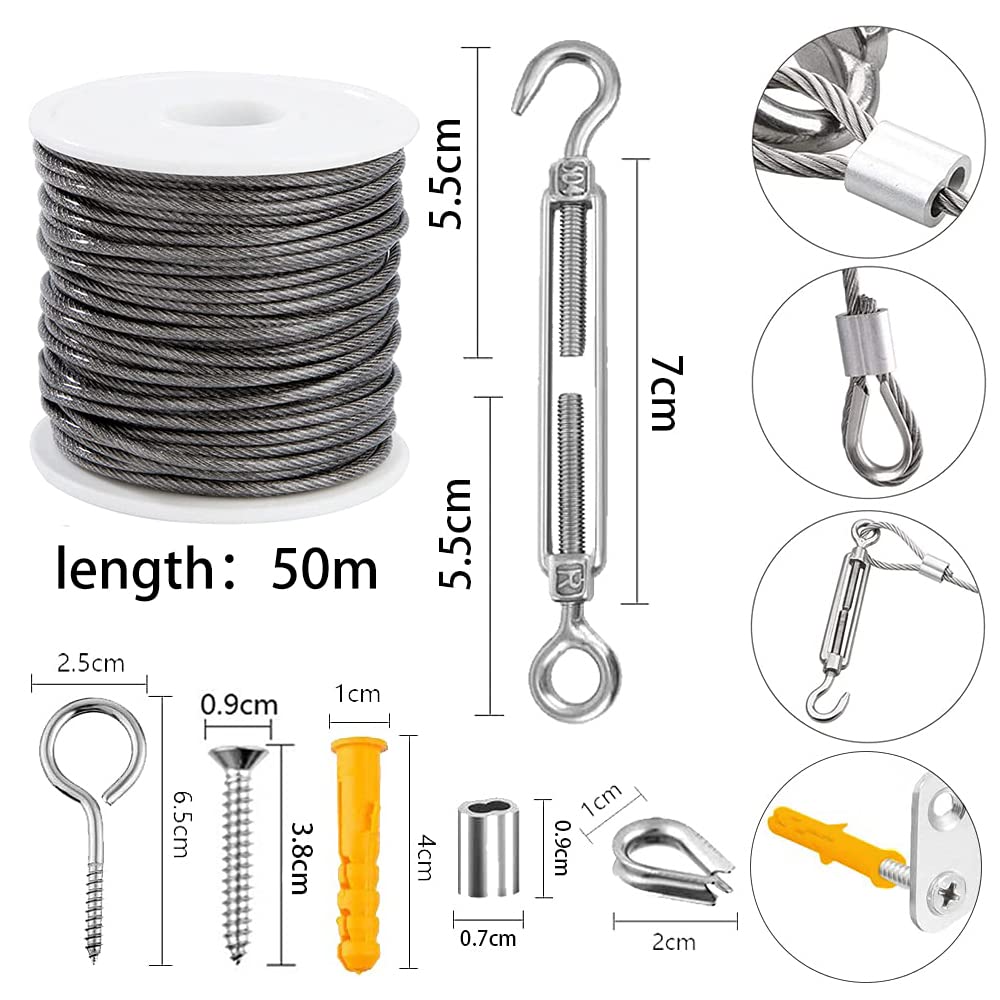 50 m wire rope set, 304 stainless steel rope, stainless steel cable, trellis wire rope, stainless steel, turnbuckle, tension sieve with turnbuckle, eyelet screw, stainless steel cable