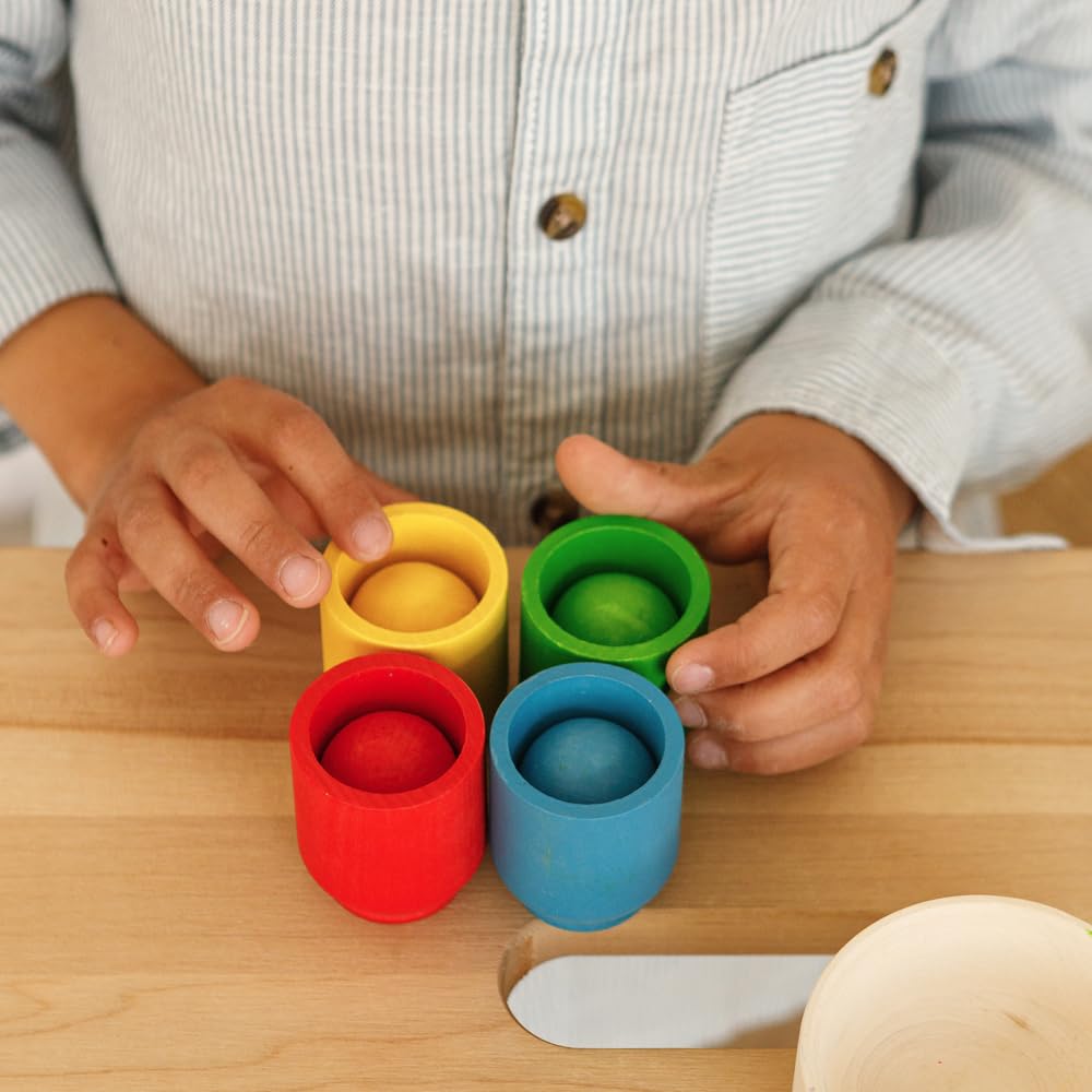 Ulanik Starter Kit Balls in Cups Toddler Montessori Toys for 1 Year Old + Baby Preschool Wooden Games for Learning Colour Sorting and Counting — 4 balls Small