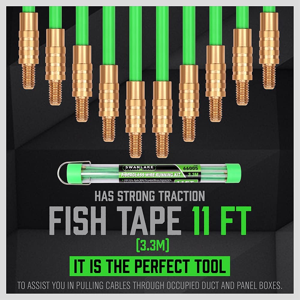 通用 11ft (3.35m) Fibreglass Electrical Fish Tape Kit - 16 Pieces Including 10 x 335mm Rods with Brass Connectors and Magnetic Tip - Ideal for Running Cable through Walls, Attics, and More