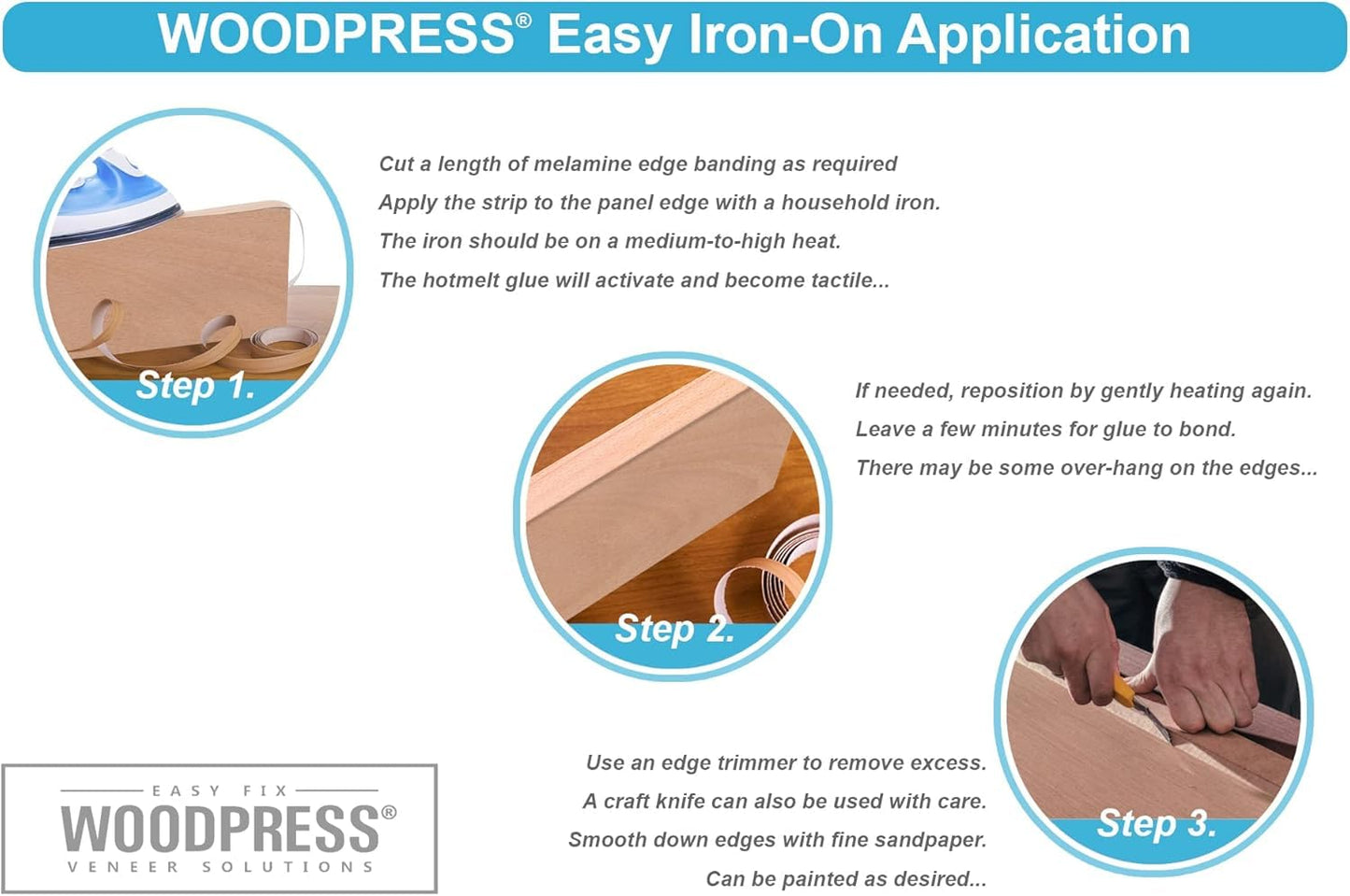 WoodPress® 19mm Pearlised White Melamine Edging, Pre-Glued Veneer Tape – 7.5m Roll - Iron-On for Easy DIY Application – Will Cover the Edge of a Standard MDF Panel Width: 19mm