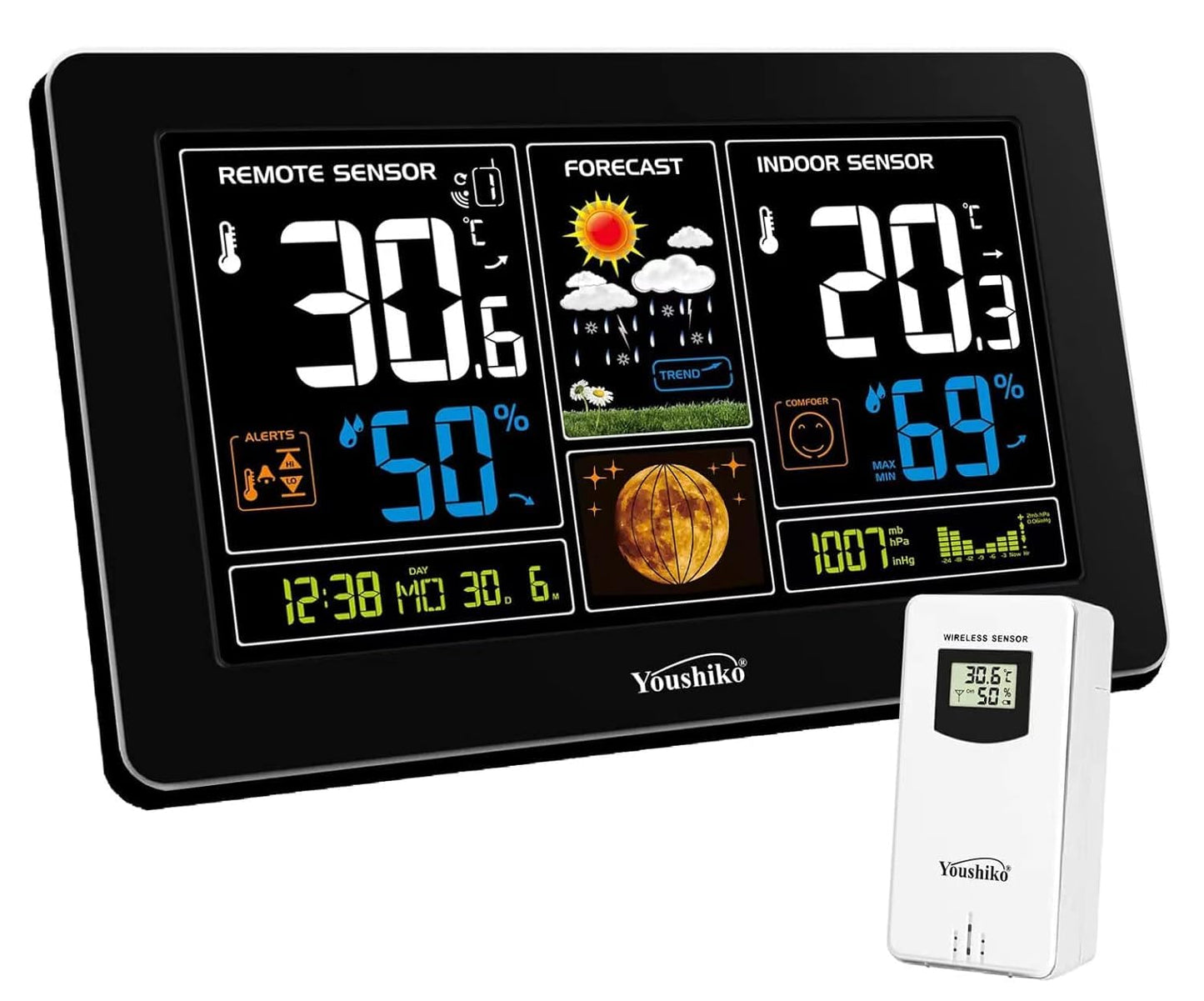 Youshiko YC9444 (Official 2025 UK Version) Wireless Weather Station, Radio Controlled Clock, Indoor Outdoor Temperature Thermometer, Humidity, Barometric Pressure, Ice Alert, Moon Phase