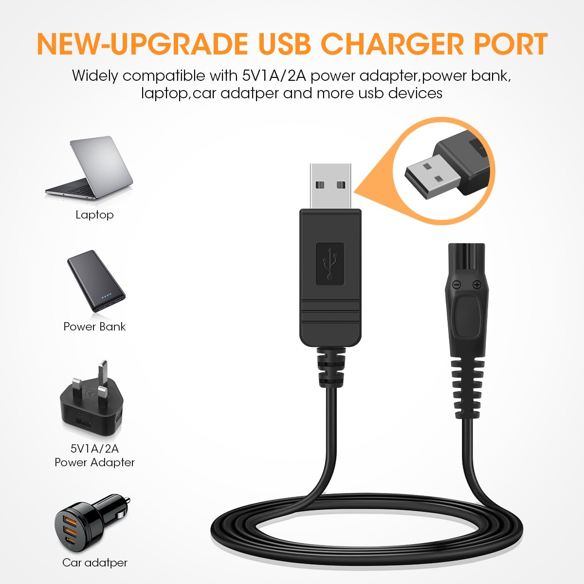 Aieve Charger for Philips One Blade QP2530 QP2630 HQ850, 8V USB Charger Charging Cable Power Cord for Philips Norelco Oneblade QP2530 QP2630 HQ850 HQ912 HQ913 HQ914 Hybrid Trimmer Shaver