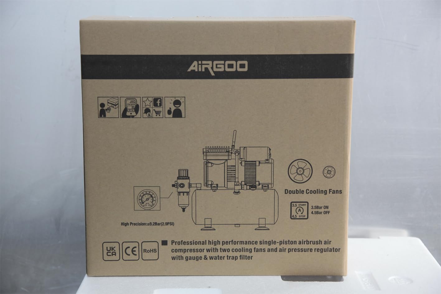 Airgoo Luxury Aibrush Compressor AG-326 with Two Cooling Fans, Regulator, Moisture Trap for Hobby, Food Decoration, Tattoo, Graphic and so on