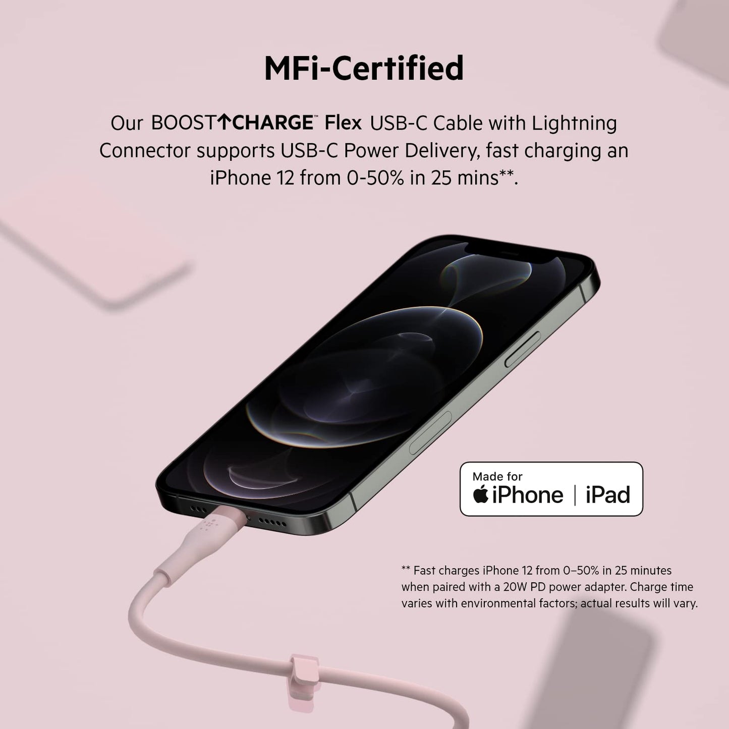 Belkin BoostCharge Flex Silicone USB Type C to Lightning Cable (1M/3.3FT), MFi Certified 20W Fast Charging PD Power Delivery for iPhone 14/14 Plus, 13, 12, Pro, Max, Mini, SE, iPad and More - Pink 1M