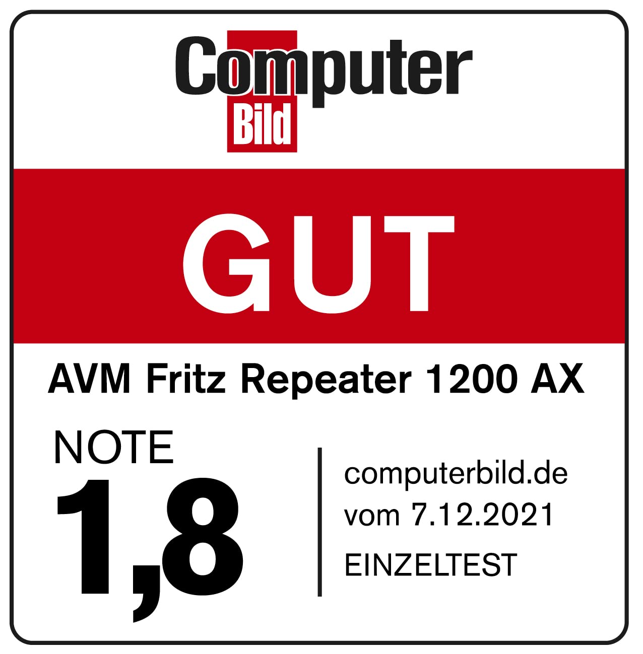 AVM FRITZ! Repeater 1200 AX (Wi-Fi 6 repeater) equipped with two radio units 5 GHz band (up to 2,400 Mbps), 2.4 GHz band (up to 600 Mbps), German-language version) Wi-Fi Repeater Single