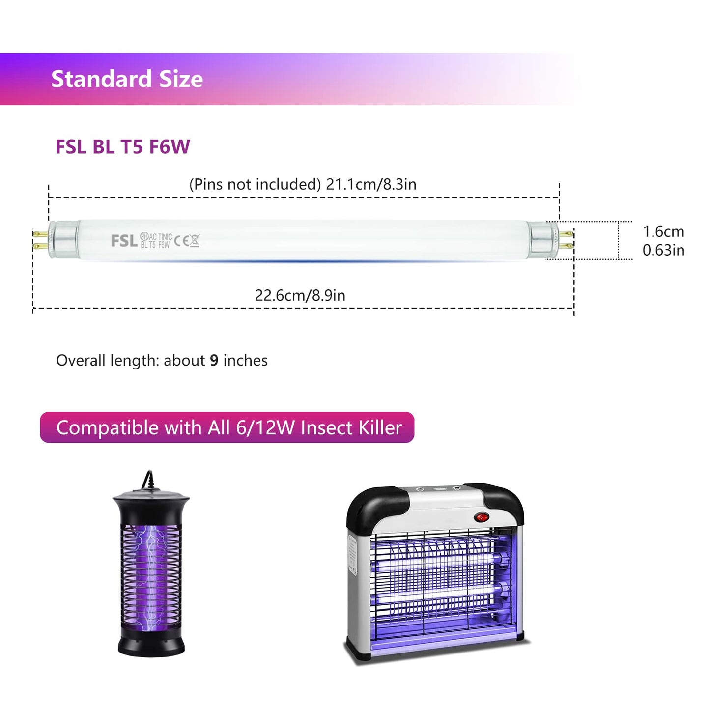 AUROHOPE FSL BL T5 6W Fly Killer/Bug Zapper Replacement Bulbs - 9in UV Tubes for Attracting Flies and Insects（2-Pack）