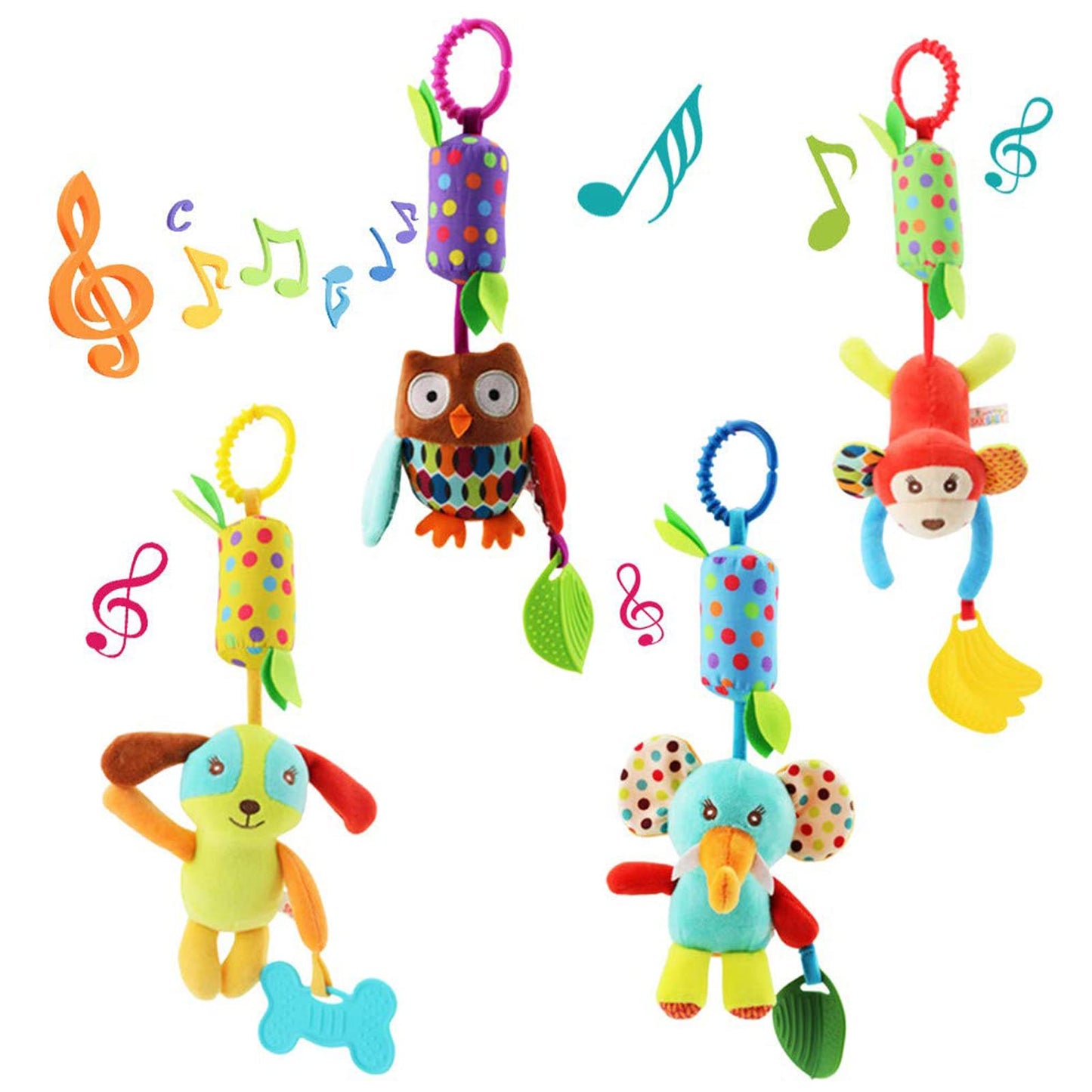 wohot 4packs Baby Pram Pushchair Toys Hanging Rattle Sensory Educational Toy, Newborn Pram Toys Car Seat Crib Travel Activity Plush Animal Wind Chime with Teether for Boys Girls (4 packs)