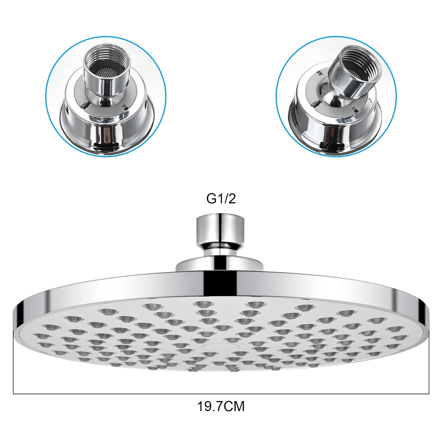 8 inch Fixed Shower Head, High-Pressure Shower Head, Round Luxury Modern Chrome Look, Silicone Nozzles, Adjustable Shower Head Round with Swivel Ball (Universal Fit), Easy Installation