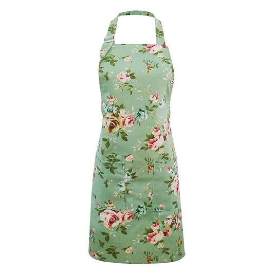 1 PCS Floral Aprons for Women, Adjustable Kitchen Apron Vintage Flower Aprons Baker Chef Apron Floral Canvas Apron Green Bib Apron Chefs Pinafore with Pockets for Cooking Baking Gardening (Green)