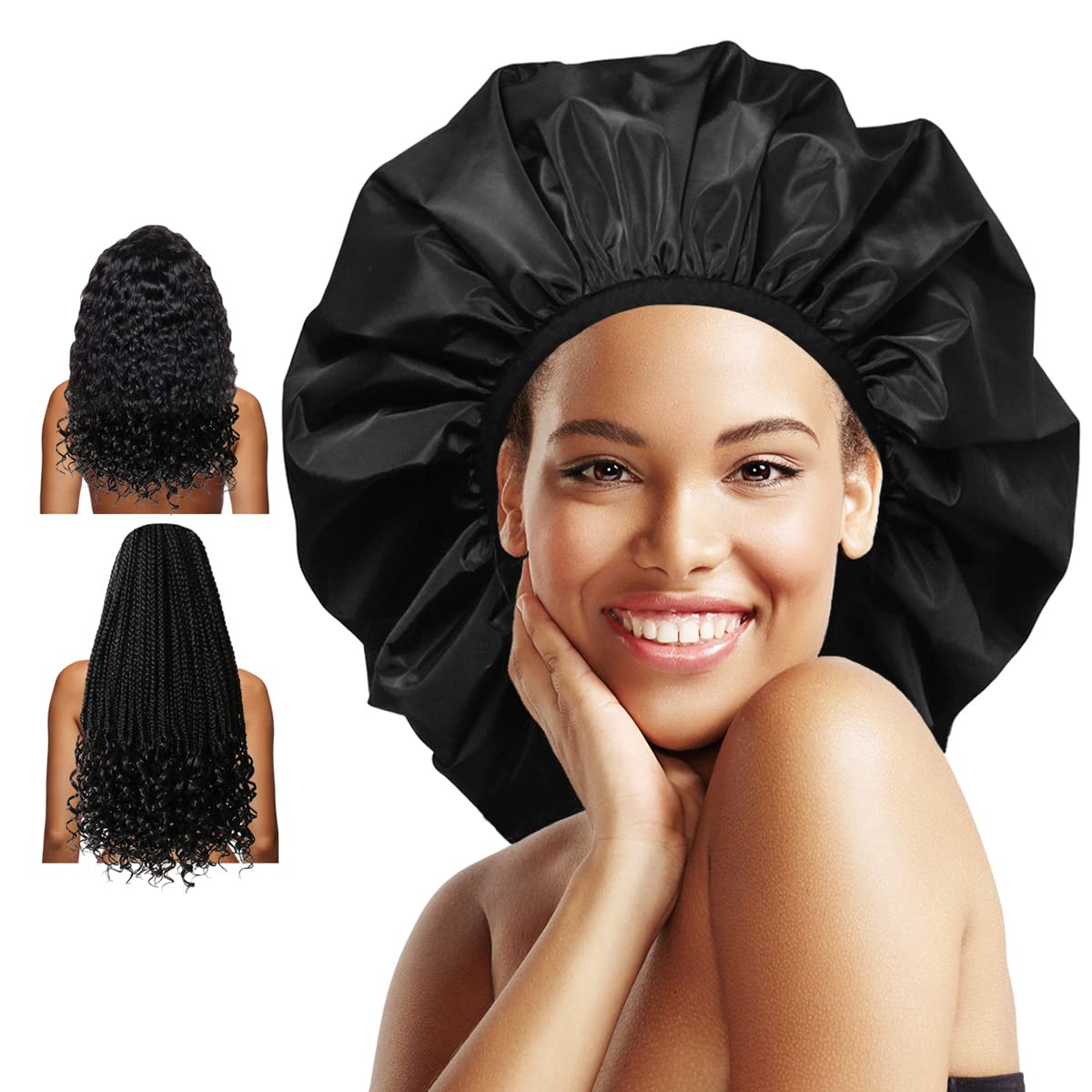 Auban Extra Large Shower Cap, Double-Layer Waterproof Reusable, XL Satin Lining Shower Bonnet for Women Thick, Long Hair, Locs, Braids(Black) Black