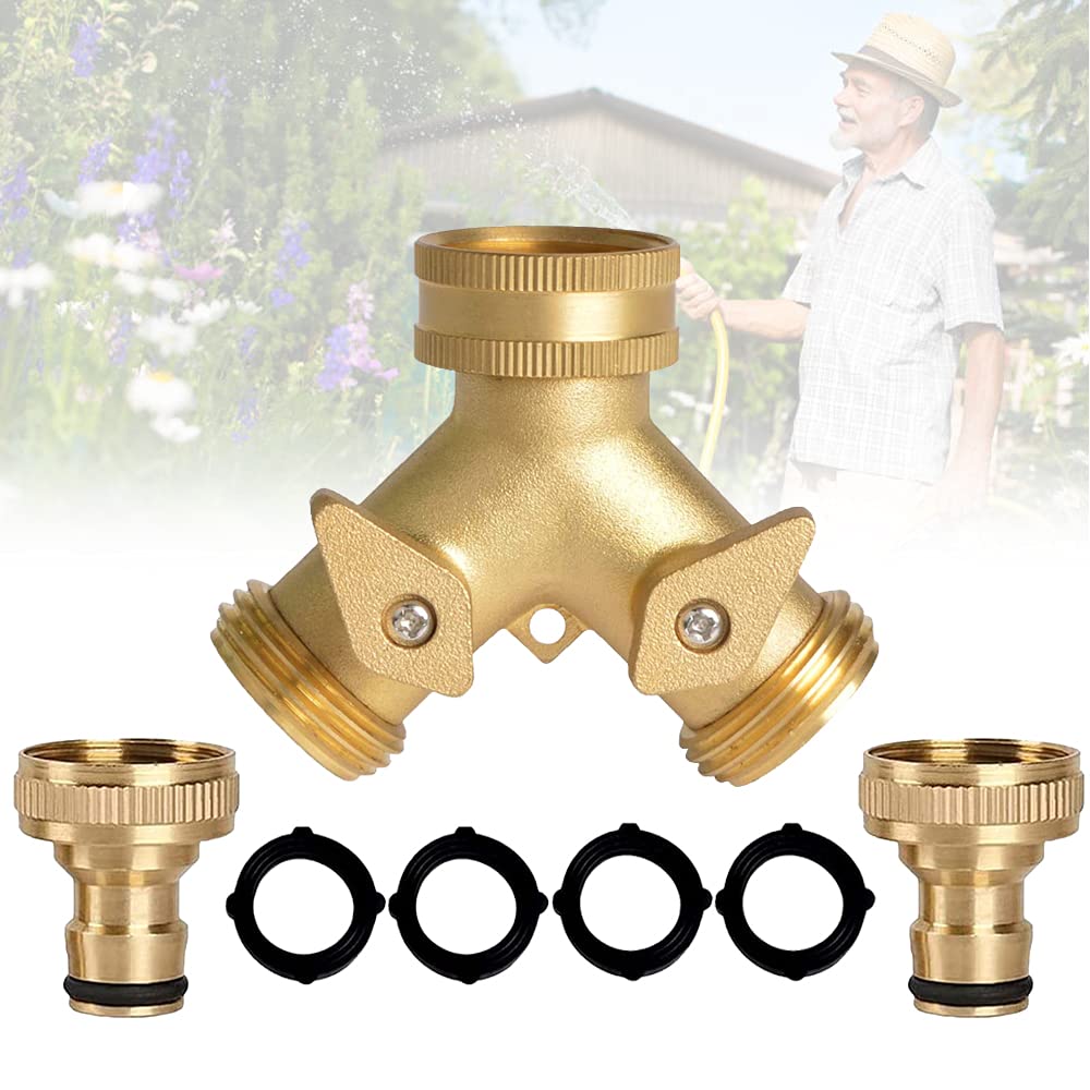 2 Way Tap Connector, Solid Brass Double Hose Connector for Outdoor Tap 2 Way Garden Hose Splitter Brass Manifold with 2 x 3/4 Inch Brass Water Tap Connection for Garden Irrigation