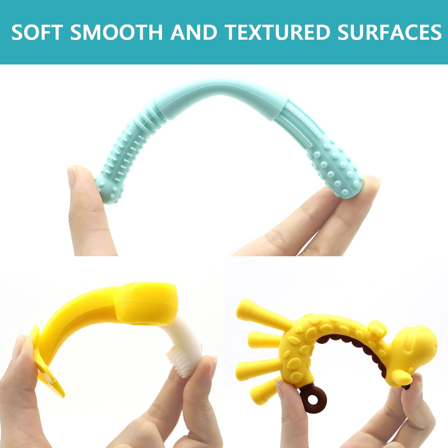 4 Pcs Teething Toys for Baby, QpenguinBabies Baby Teether with a Cleaning Brush, Soft Silicone Teething Straws Hollow Teething Tubes Banana Giraffe Teethers Set for Babies Toddlers