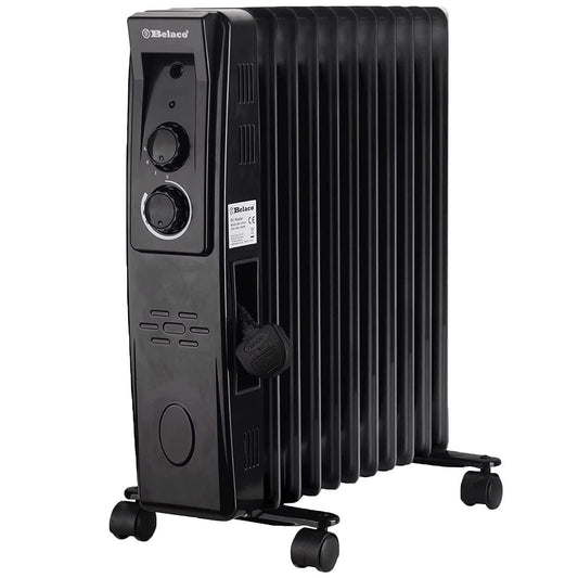 Belaco Oil Filled Radiators 11 Fins Portable Electric Heater Adjustable Thermostat Control 3 Heat Settings Portable Heater Overheat Protection 2500W Energy Efficient Heavy-Duty Castor Black