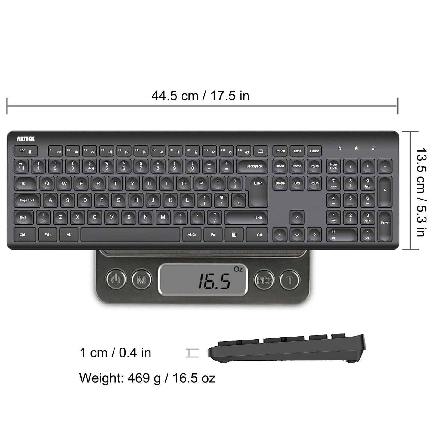 Arteck 2.4G Wireless Keyboard Ultra Slim Full Size Keyboard with Numeric Keypad and Media Hotkey for Computer/Desktop/PC/Laptop/Surface/Smart TV and Windows 10/8/ 7