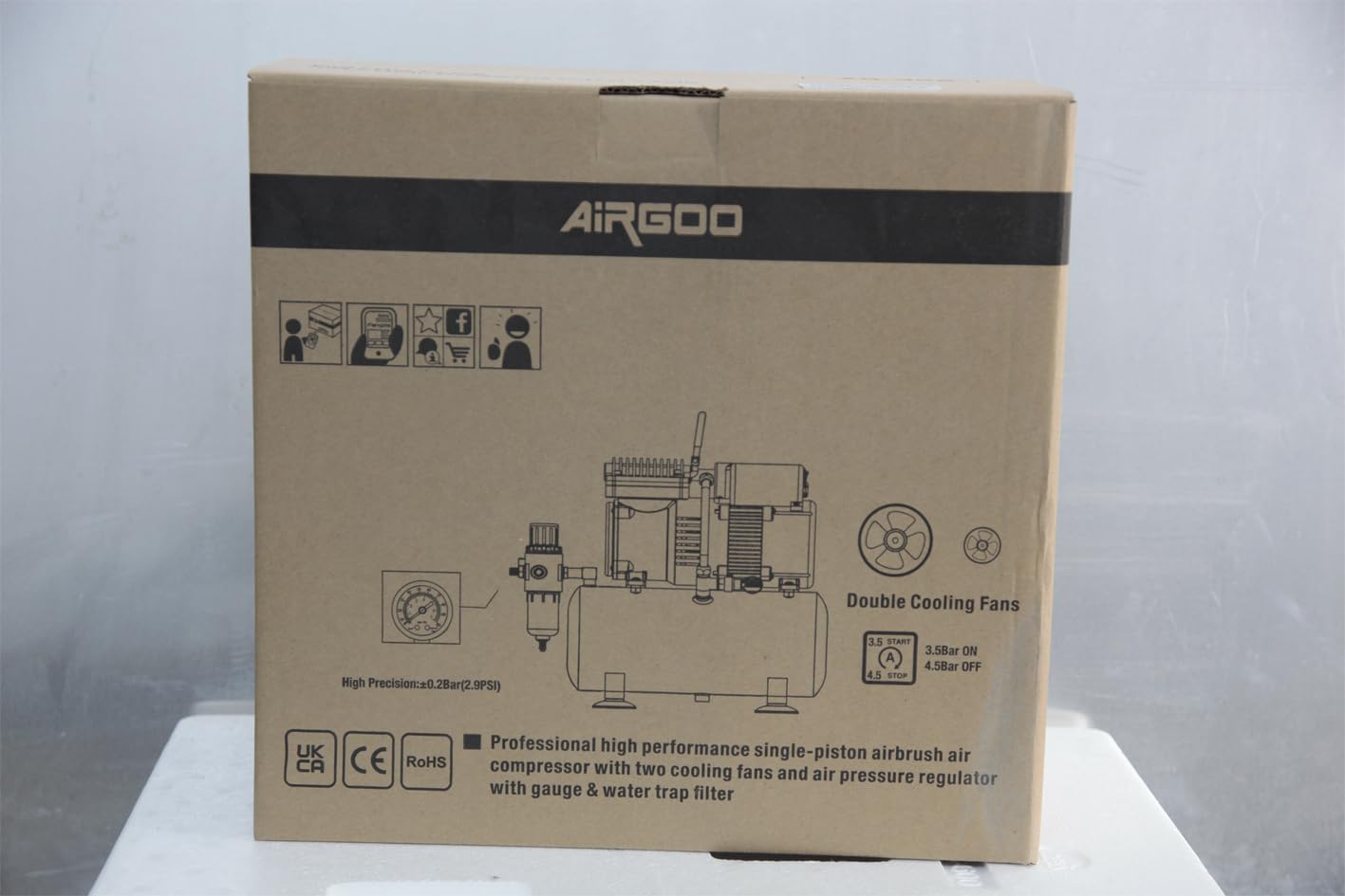 Airgoo Luxury Aibrush Compressor AG-326 with Two Cooling Fans, Regulator, Moisture Trap for Hobby, Food Decoration, Tattoo, Graphic and so on