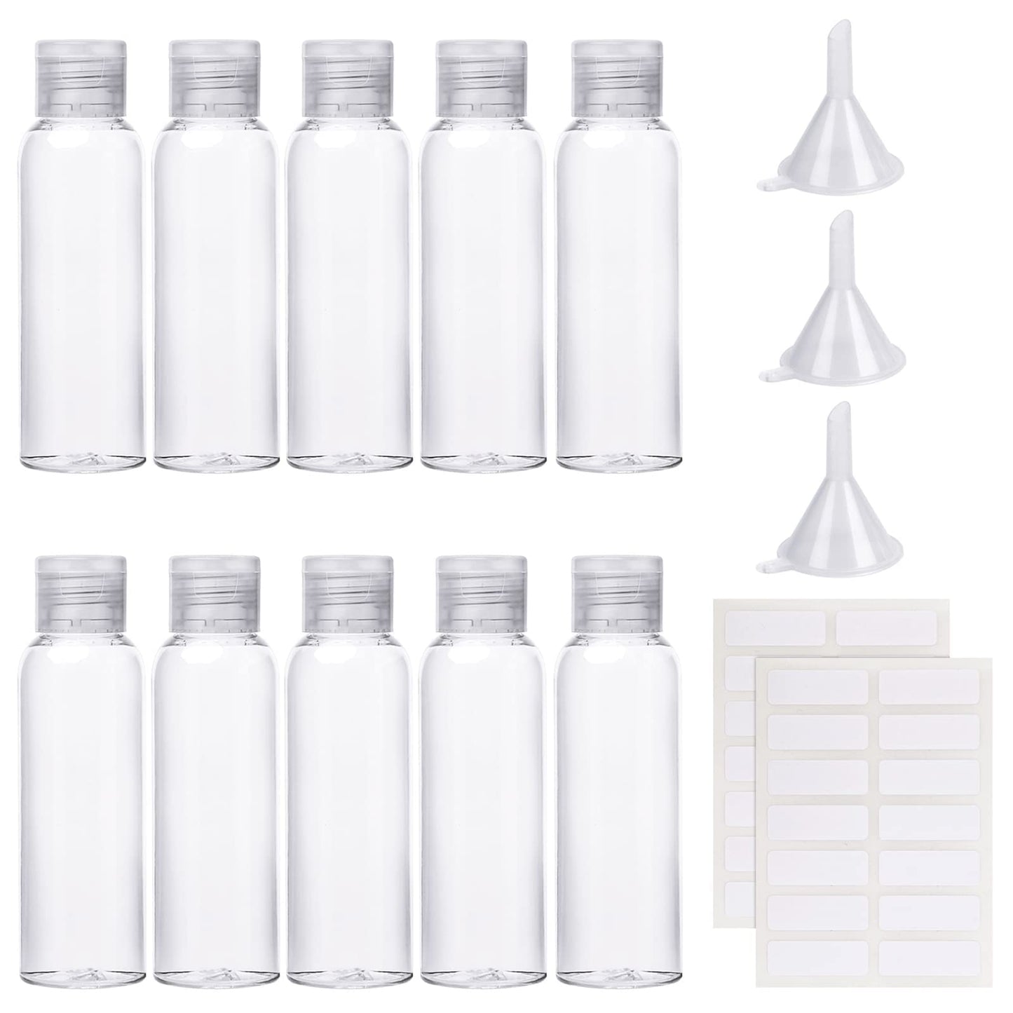 10Pcs Empty Travel Bottles Container Flip Cap Bottles Cosmetic Bottles with Funnels Syringe and Labels for Travel or Cosmetic(100ML)