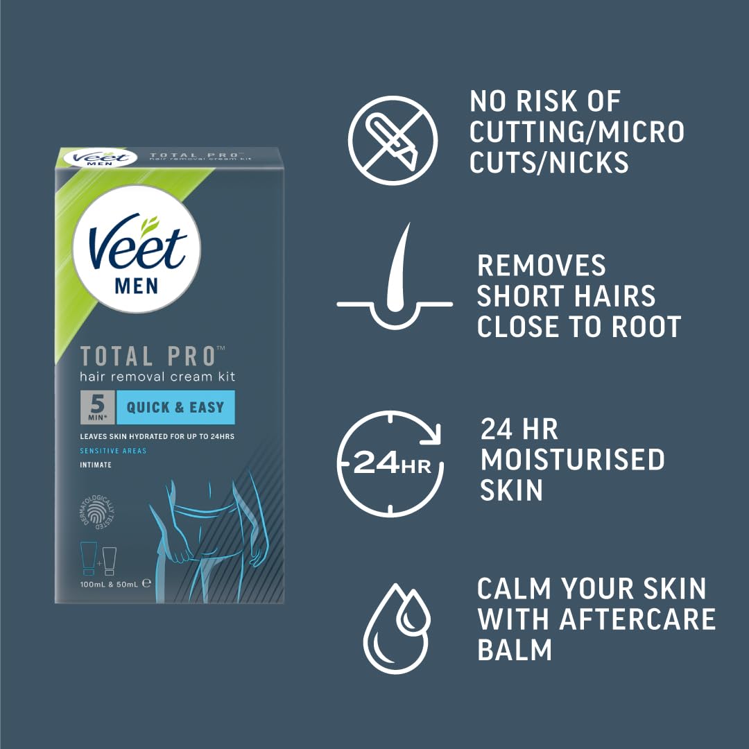 Veet Men Intimate Hair Removal Kit, Mens Hair Removal Cream 100ml, After Shave Balm 50ml, 1 Spatula, Hair Removal Cream For Genitals, Pubic Hair Removal, Intimate Hair Removal Single