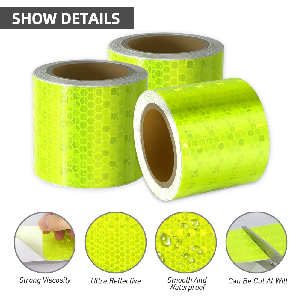 Xrkuu 3M x 5CM Reflective Warning Tape, 3 Rolls Green Waterproof Reflector Tape High Visibility Tape Safety Reminder for Vehicles, Helmets, Mailboxs on Night