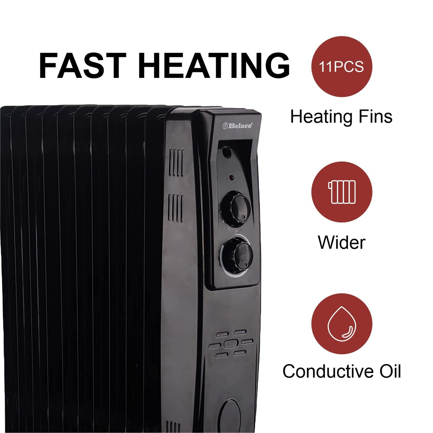 Belaco Oil Filled Radiators 11 Fins Portable Electric Heater Adjustable Thermostat Control 3 Heat Settings Portable Heater Overheat Protection 2500W Energy Efficient Heavy-Duty Castor Black