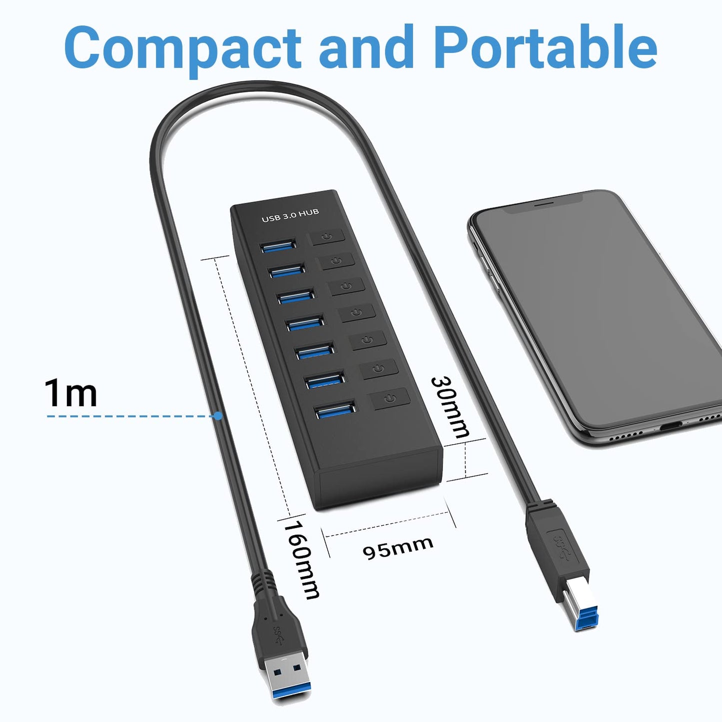 USB HUB, JESWO USB Hub 3.0-7 Port USB Extension with Individual Switch with LED Indicator, 5V Power Port, 100cm Long Cable, Multi Port USB Splitter Extender for Laptop PC Macbook Pro and More