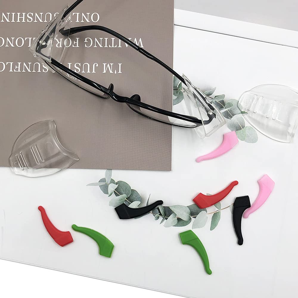 AFUNTA 4 Pairs Safety Glasses Side Shields, Flexible Slip On Side Shields for Prescription Glasses with 4 Pairs Silicone Anti-Slip Ear Grip Hooks, for Small to Medium Eyeglasses