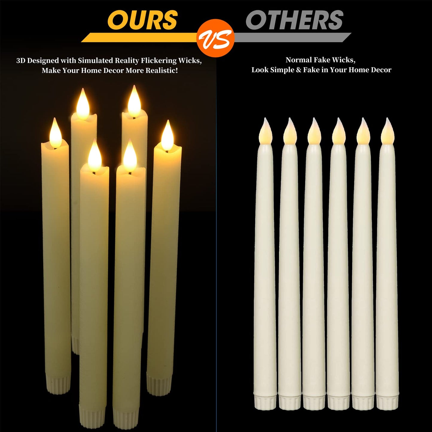 Ymenow LED Battery Operated Candles with Remote, 6pcs 24.5cm Long Fake Flameless Flickering Ivory Taper Candles in Real Wax with 2/4/6/8 Hours Timer for Dinner Halloween Christmas Room Window Decor