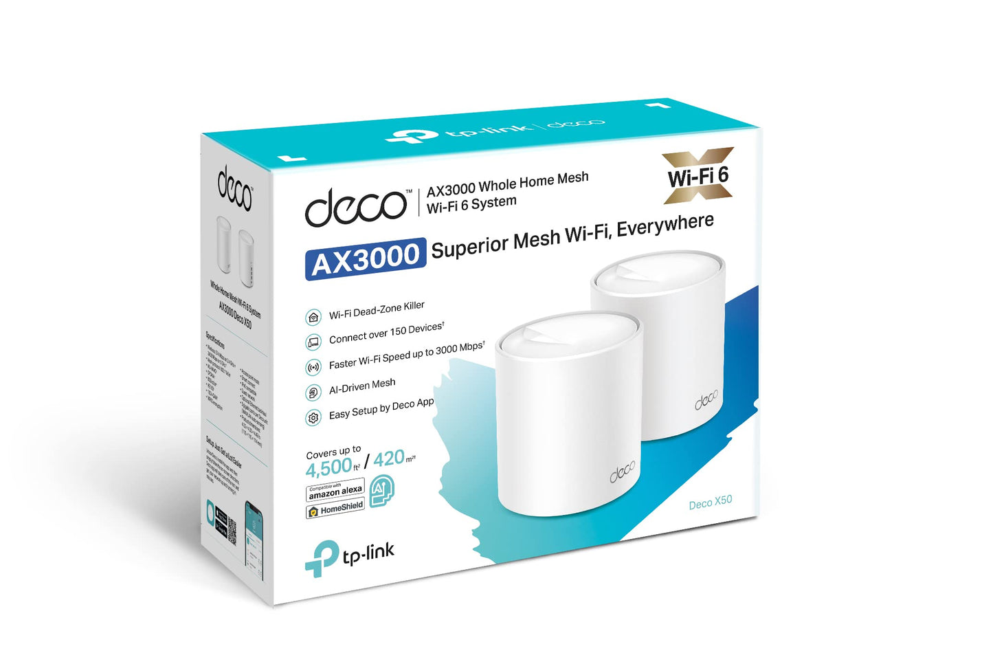 TP-Link Deco X50 AX3000 Whole Home AI-Driven Mesh Wi-Fi 6 System, Dual-Band with Gigabit Ports, Coverage up to 4,500 ft2, Connect up to 150 devices, 1 GHz Dual-Core CPU, HomeShield Security, Pack of 2 AX3000 WiFi 6 2 Pack