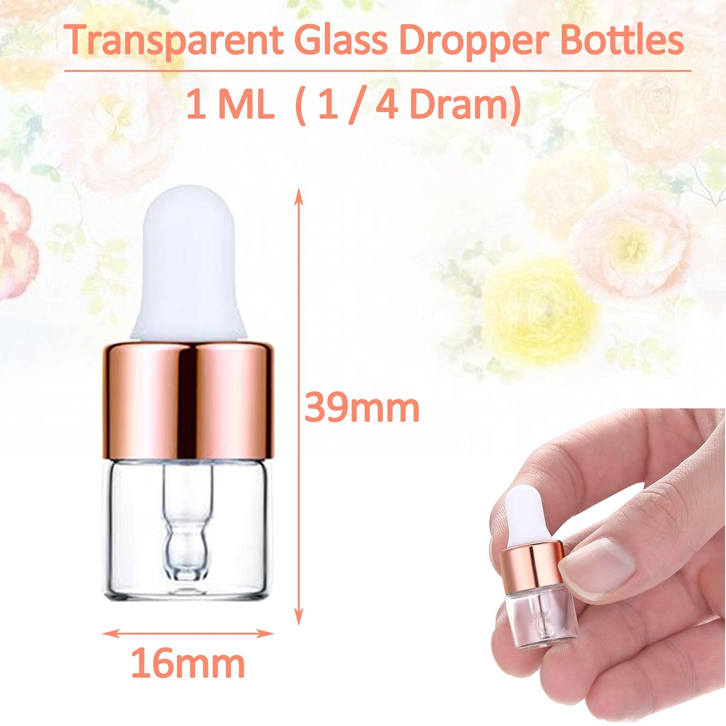 Yalbdopo 24Pcs, 1Ml Clear Glass Sample Dropper Bottles, Empty Mini Bottles with Dropper Pipettes Rose Gold Aluminum Alloy Cap Refillable Sample Container for Essential Oil Perfume Cosmetic Liquid Transparent Glass Rose Golden Cap