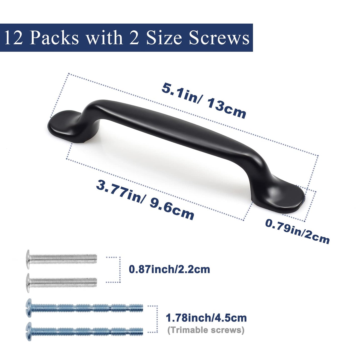 12 Pcs Black Cupboard Handle, Kitchen Drawer Door Handles, Cabinet Pulls with 2 Size Screws, Replacement Aluminum Alloy Knobs Perfact for Bedroom Bathroom Furniture Wardrobe (96mm) Hole Spacing: 96mm 6615-96mm