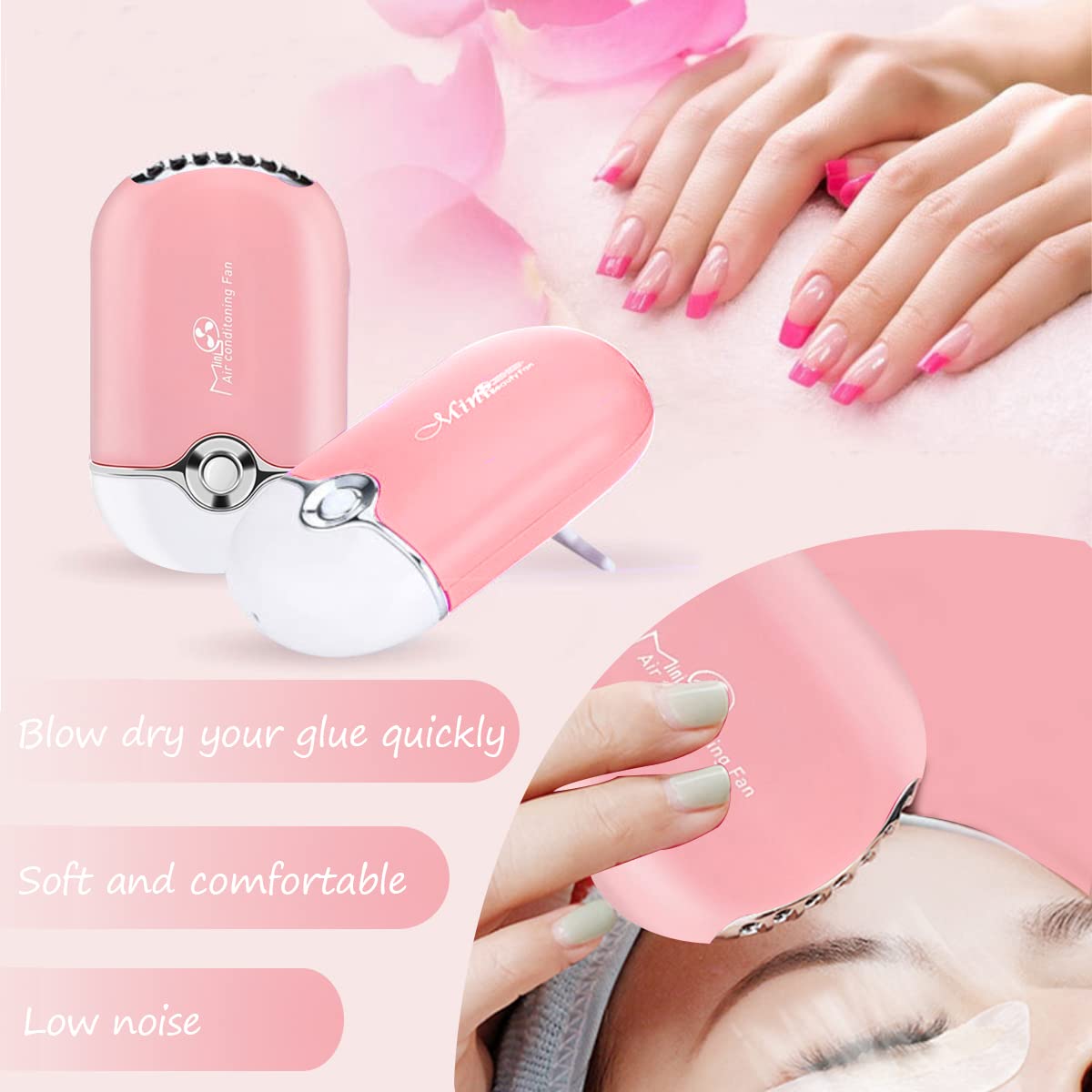 56 PCS Mini Portable Fans USB Rechargeable Handheld Bladeless Air Conditioning Cooling Refrigeration Fan,Lash Shampoo Brushes,Plastic Wash Squeeze Bottle,Disposable Eyelash Mascara Brushes Pink