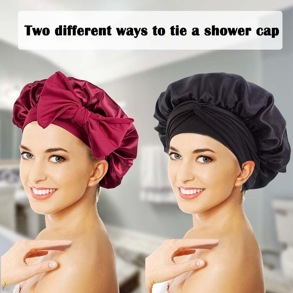 WUBAYI 2PCS Satin Bonnet, Silk Bonnet Hair Wrap for Sleeping, Hair Bonnet for Bath, Tie Band for Women Long Curly Braid Hair (Black, Red) Black, Red