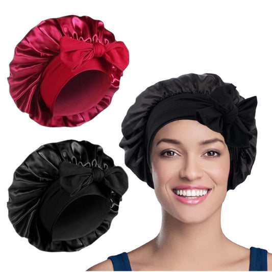 WUBAYI 2PCS Satin Bonnet, Silk Bonnet Hair Wrap for Sleeping, Hair Bonnet for Bath, Tie Band for Women Long Curly Braid Hair (Black, Red) Black, Red