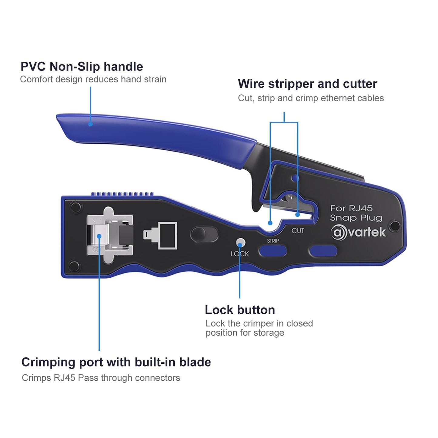 AVARTEK - Pass Through RJ45 Crimping Tool Crimper for CAT6a CAT6 CAT5e CAT5 Pass Through Connectors, Professional Ethernet Network Wire Crimper Tool