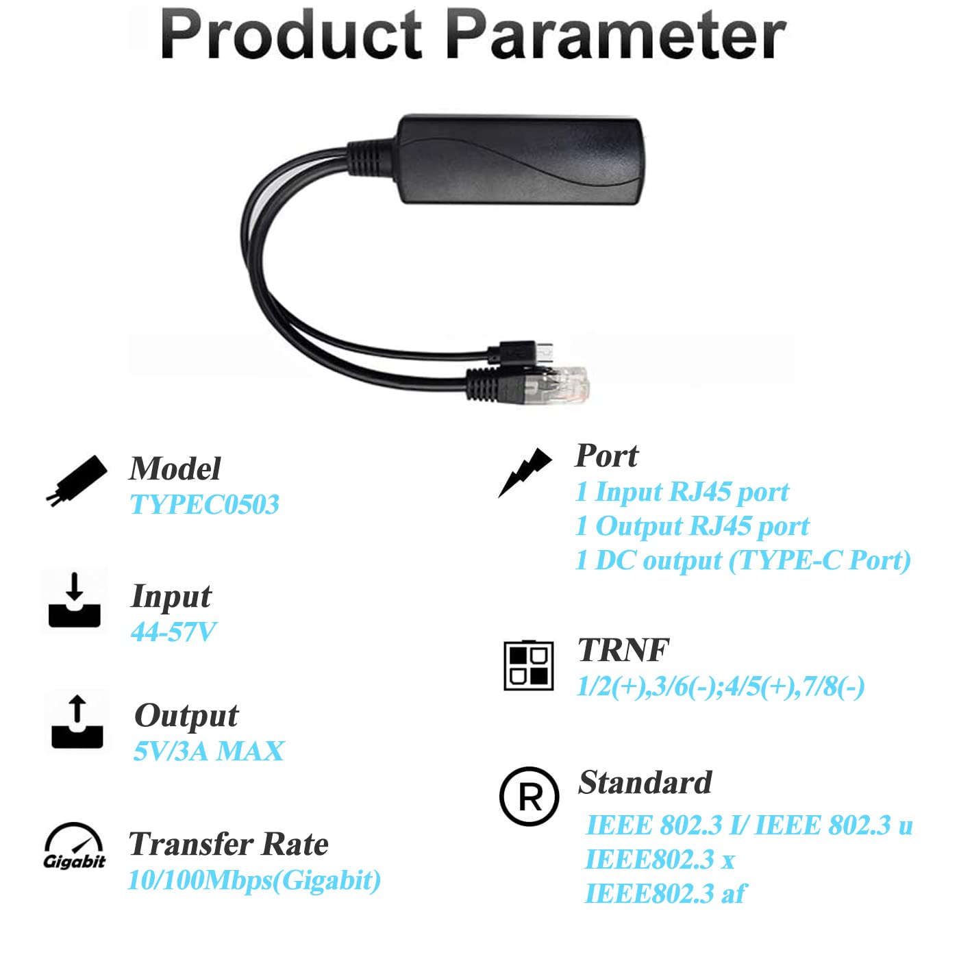 Type C PoE Splitter 5V 3A, IEEE 802.3af/at Standard, 10/100Mbps Type C Power Over Ethernet Splitter With RJ45 port and TYPEC port(TYPEC0503 Black) 5V 3A TYPEC0503