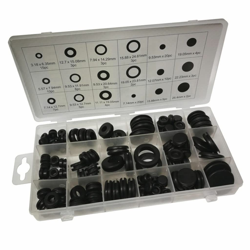 125pcs Rubber Grommet Assortment Kit 18 Sizes, Black Rubber Hole Plugs, Electrical Conductor Wiring Rubber Gaskets and Blanking Gasket Ring Grommets