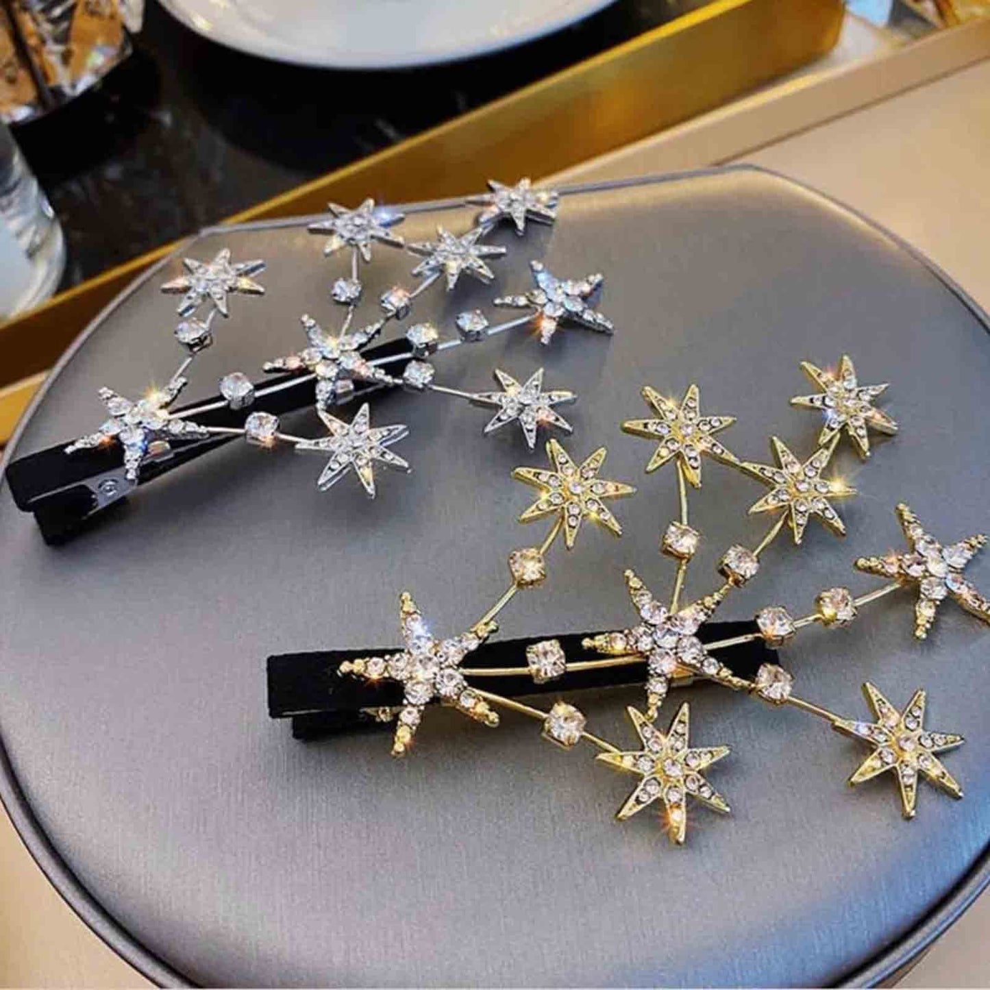 Yheakne Crystal Star Hair Clip Barrette Silver Rhinestone Hair Bling Cluster Star Hair Pin Headpieces Hair Pin Head Clip Branch Hair Pins Headwear Bride Hair Accessories for Women and Girls (Silver)