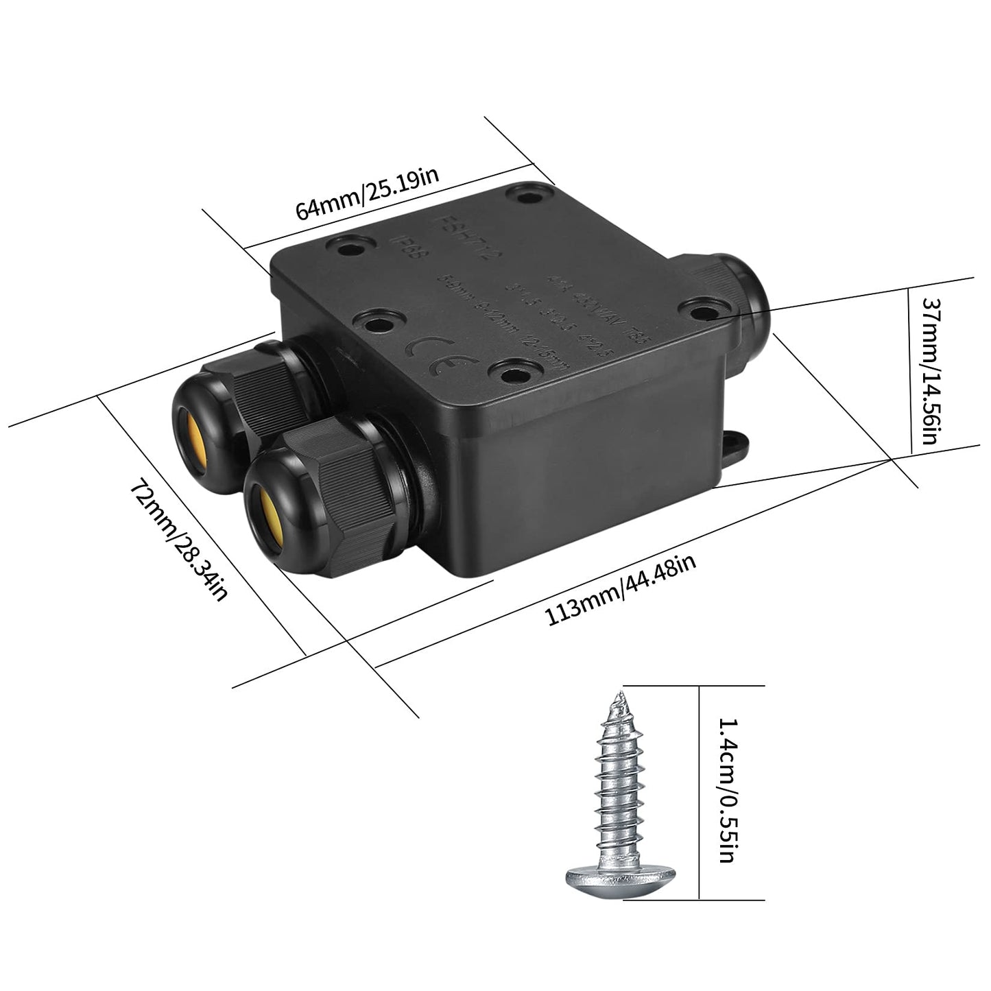 2 Pcs IP68 Waterproof Junction Box, 3-Way Outdoor Electrical Cable Wire Connectors, Extension Cable Connectors Junction Boxes with PG13.5 Glands for Ø5mm-15mm Cable - Black